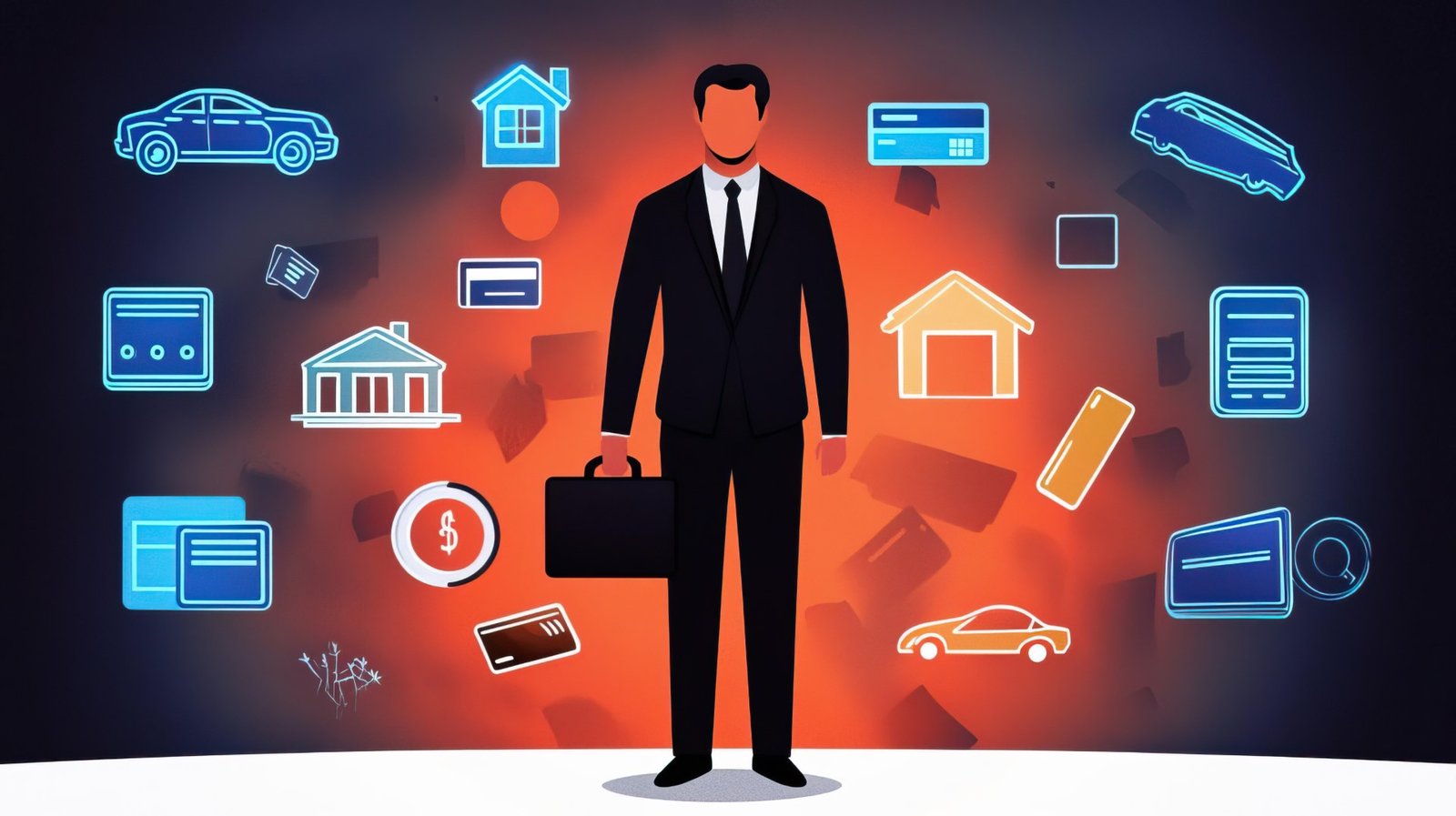A businessman stands confidently amidst various financial icons, symbolizing wealth, investment, and professional success.
